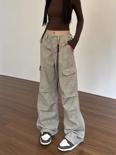American retro overalls for women summer 2024 new loose straight floor-length trousers trendy brand trendy casual pants