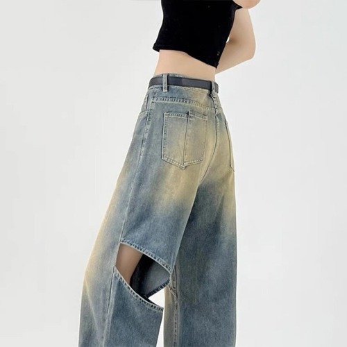 Ripped nostalgic color jeans for women 2024 summer new style high-waisted loose slimming straight-leg versatile floor-length wide-leg pants for women