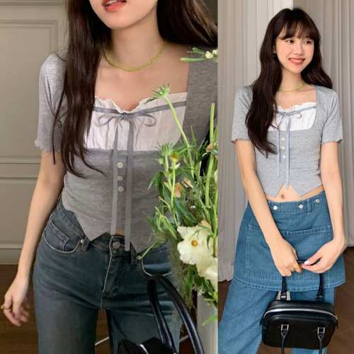 Actual shot of retro gentle lace-up bow contrasting color stitching square collar three-button slim short-sleeved T-shirt