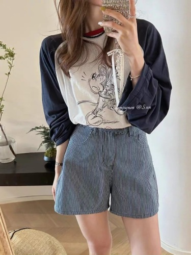 SDDCI comfort explosion Korean Dongdaemun age reduction casual cartoon pattern contrasting color sun protection long-sleeved T-shirt for women