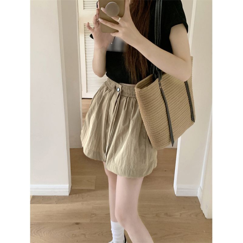 Khaki workwear high waist drawstring elastic summer loose casual wide leg slim new shorts hot pants