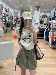 Actual shot ~ Korean style round neck cartoon printed loose flying sleeve T-shirt + high waist drawstring work skirt