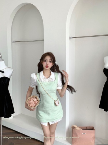 Real shot of lop-eared rabbit mint green scented pearl shirt fake two-piece dress for women