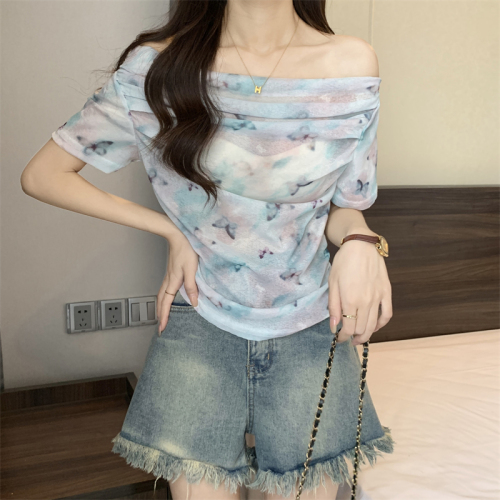 Actual shot of new summer clothes, Butterfly Smoke Powder One-shoulder Print Atmosphere Revealing Collarbone Short-Sleeved Pleated Top for Women