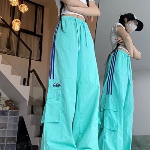 American retro three-stripe overalls for women, sweet and cool dopamine pants, high-waisted casual straight-leg wide-leg sports pants