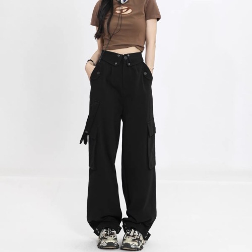 Rayohopp overalls women's spring American street buttoned multi-pocket flap waist design straight casual pants