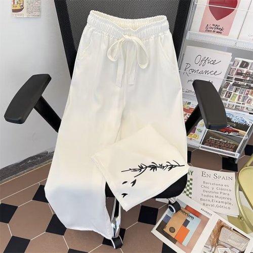 Summer national style versatile loose national style bamboo leaf embroidery trendy straight casual long pants thin style trendy