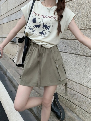 Actual shot ~ Korean style round neck cartoon printed loose flying sleeve T-shirt + high waist drawstring work skirt