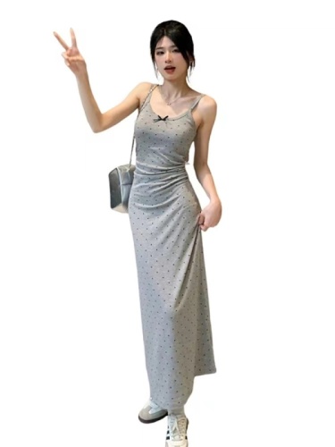 French style high-end slightly fat and slim gray polka dot suspender dress for women summer 2024 new long skirt