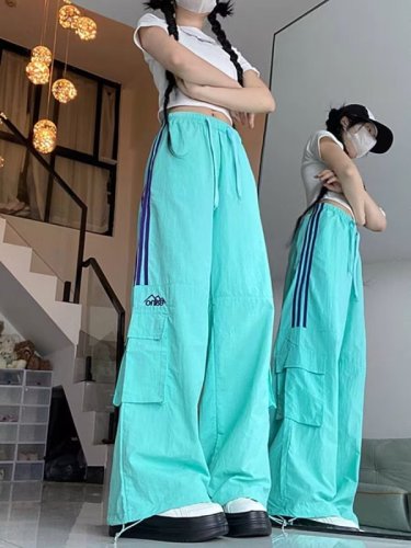 American retro three-stripe overalls for women, sweet and cool dopamine pants, high-waisted casual straight-leg wide-leg sports pants