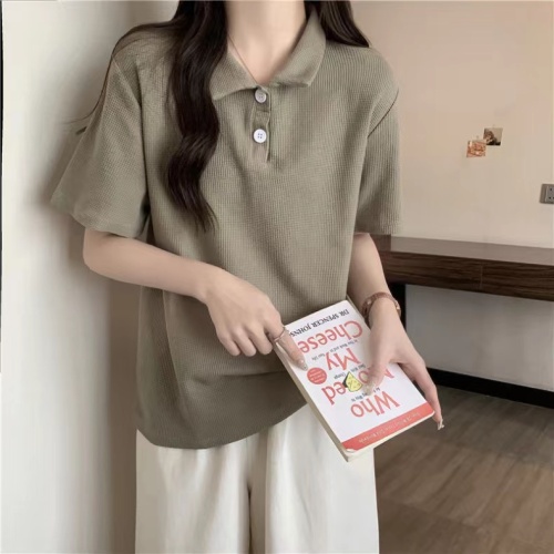 Actual shot of 2024 summer Korean style loose and versatile waffle POLO collar pullover short-sleeved T-shirt for women