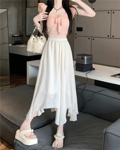 Actual shot of mid-length linen skirt for women, high-waisted, slimming, covered A-line skirt