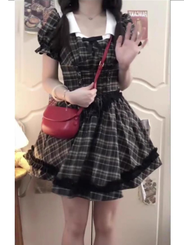 Summer French Retro College Style Square Neck Lace Puff Sleeve Plaid Dress Women's Waist Princess Puff Skirt