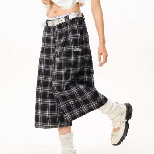 American street summer 2024 retro plaid casual trousers wide-leg men and women versatile trendy loose cropped trousers