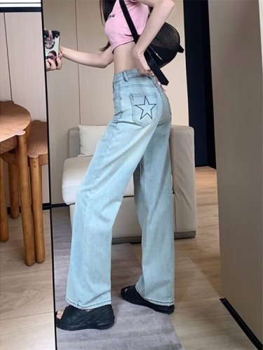 2024 New European and American Trendy Brand Hip-Hop Jeans High Street Loose High Waist Straight Leg Wide Leg Long Pants