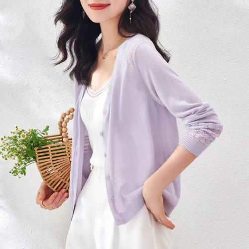 薄款紫色冰丝针织开衫外 套女春夏防晒空调衫罩衫