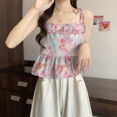 Actual shot~New sweet oil painting flower suspender top for women