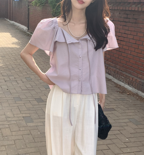 Korean chic summer texture ruffled lace single-breasted short-sleeved shirt