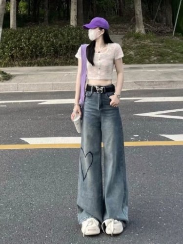 American retro jeans for women summer new love washed straight trousers loose slimming high waist wide leg pants trendy