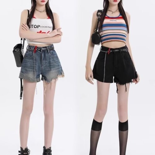 Denim shorts for women summer 2024 new style high-waisted A-line pear-shaped body slimming contrast color ripped wide-leg pants