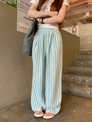 Real shot 2024~Relaxing cotton and linen lazy striped pants, fresh wide-leg loose high-waisted straight pants
