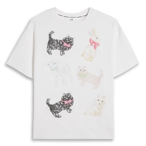 官图质量纯棉230克卡通猫印花圆领短袖T恤女夏季新款宽松显瘦
