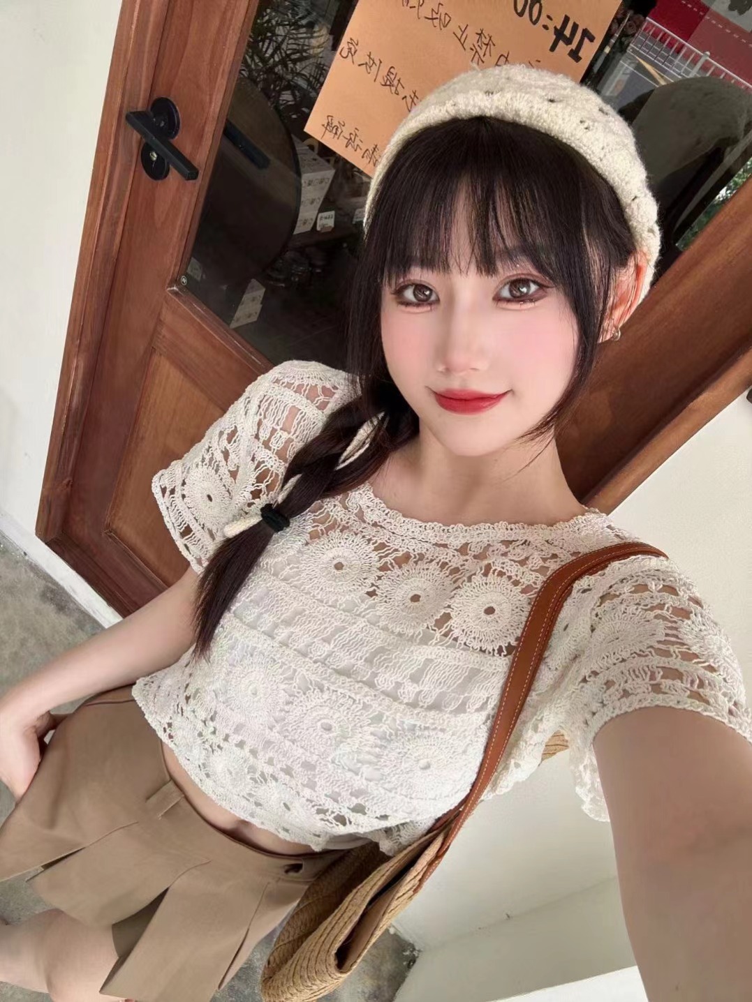 Hook pattern hollow short lace blouse western style top for women 2024 summer short-sleeved suspender top pullover doll shirt