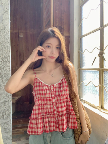 Real shot Korean ins lace splicing plaid suspender top summer girl versatile sweet temperament shirt for women