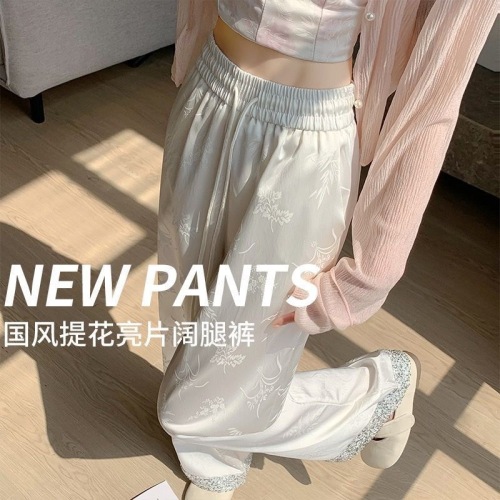 New Chinese style national style jacquard sequin splicing wide leg pants for women 2024 spring and summer high waist slim casual floor mopping pants