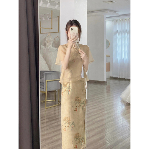 Improved cheongsam, new Chinese style women's clothing, Chinese style Zen tea clothes, artistic women's summer beautiful mini skirts, two-piece suit skirts