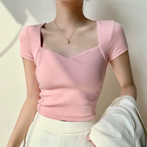 Black French V-neck clavicle slimming sweater short-sleeved T-shirt for women summer sexy one-shoulder high-waisted short top