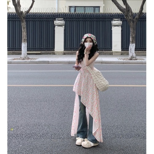 Holiday style floral suspender dress women's early spring sweet waisted irregular A-line skirt long skirt