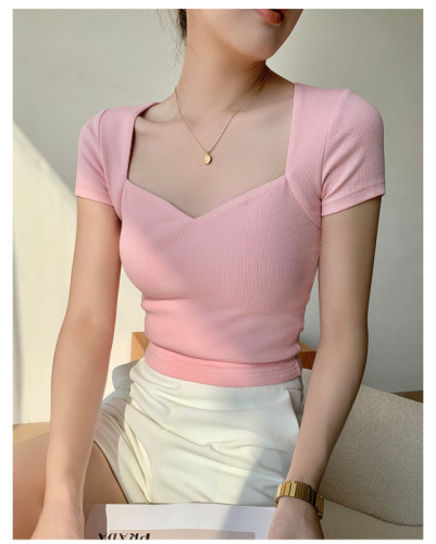 Black French V-neck clavicle slimming sweater short-sleeved T-shirt for women summer sexy one-shoulder high-waisted short top