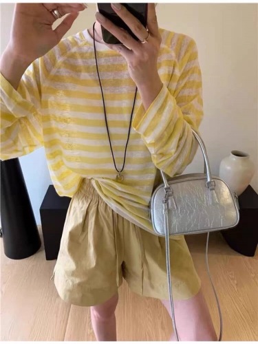 JMS2024 new summer style ultra-comfortable paper lazy style thin striped sun protection shirt long-sleeved T-shirt top for women