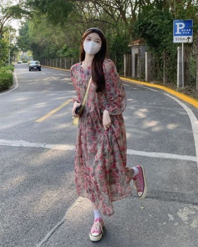2024 Summer Sweet Style Floral Chiffon Dress Women's Early Spring Age-Reducing Loose Swing Skirt Puff Sleeve Long Skirt