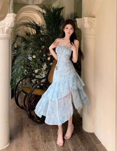 French temperament gentle style suspender ice silk dress first love style blooming floral chiffon irregular long skirt summer