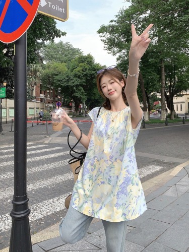 Actual shot~ Summer fresh blue floral sleeveless dress for women Korean style layered and atmospheric outfit