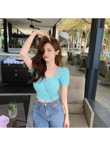 Special offer #U-neck short top for women in summer hot girl sexy scheming collarbone slimming new solid color short-sleeved right shoulder t