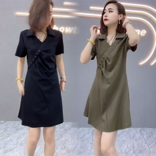 2024 new summer Korean style slim casual dress with stylish design and mid-length shirt skirt for women