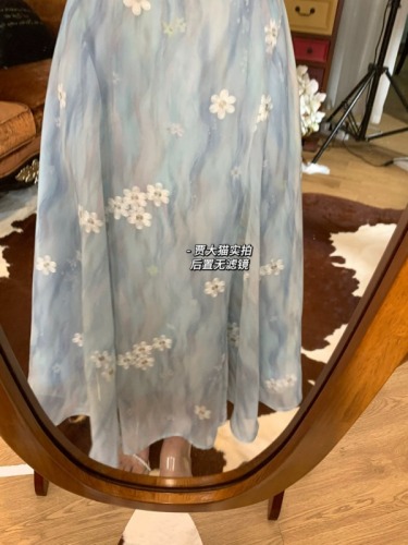 Sea water and wind embroidery water ripple daisy fairy dress for women 2024 summer blue elegant long dress