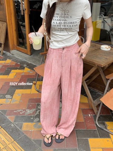 Actual shot ~ High-end handmade fried linen blended wide-leg casual pants for women, lazy sunscreen straight trousers