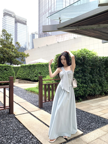 Actual shot of new summer style waist slimming sleeveless hollow pure desire slanted shoulder casual long knitted dress