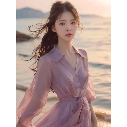 Purple shirt dress women's summer new seaside resort style elegant lady gentle and beautiful chiffon skirt