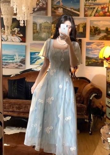 Sea water and wind embroidery water ripple daisy fairy dress for women 2024 summer blue elegant long dress