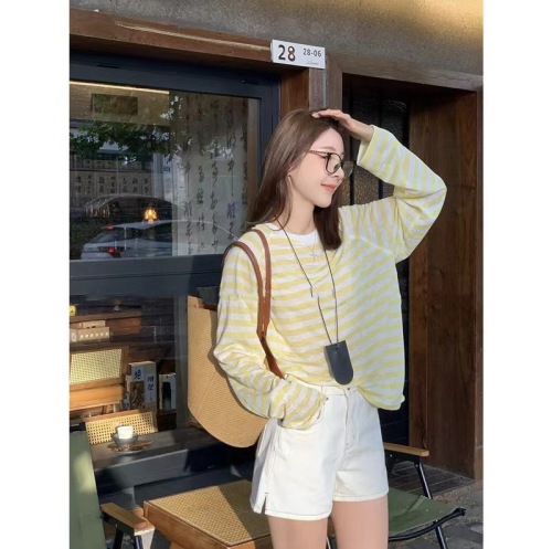 Xibei Summer New Classic Versatile Contrast Color Striped Long Sleeve Sunscreen T-Shirt Breathable Thin Top
