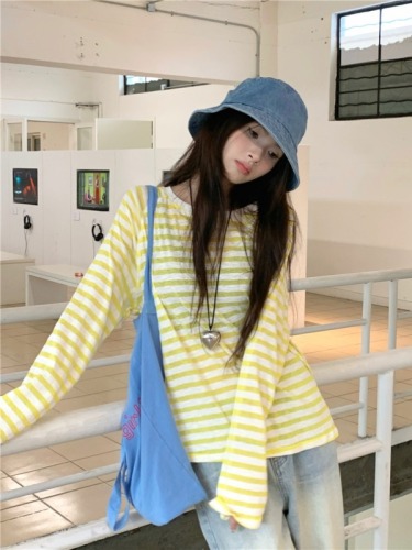 Real shot summer loose casual versatile striped long-sleeved sun protection T-shirt