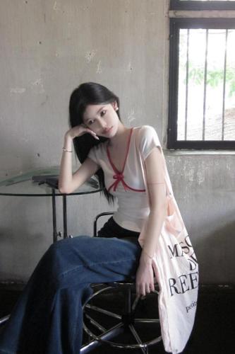 Real shot of summer Korean patchwork contrasting color bow slim short V-neck short-sleeved T-shirt top for women