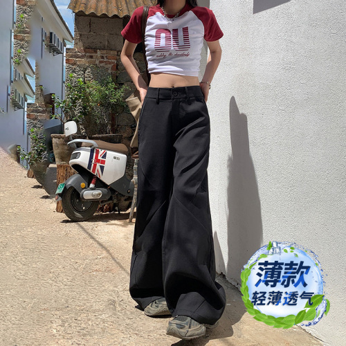 Real shot of retro loose wide-leg pants slightly flared thin suit sickle pants versatile casual pants for women & long trousers