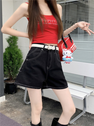 Actual shot~New design high-waisted slimming and versatile loose denim A-line shorts for women