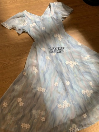 Sea water and wind embroidery water ripple daisy fairy dress for women 2024 summer blue elegant long dress